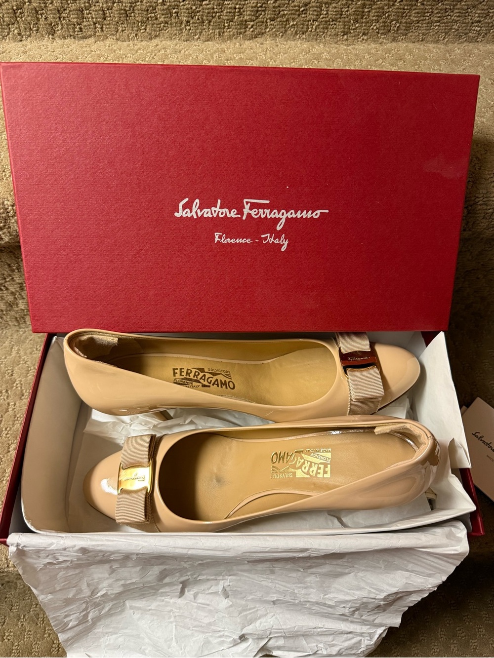 Salvatore Ferragamo Beige Patent Carla Bow Heels